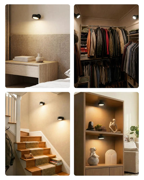 Cordless Led Wall Sconce With Rechargeable Battery Dimmable Touch And Remote Controls Three Warm To Cool Temperatures 360 Degree Rotation Zero Drilling Renter Ready Upgrade That Goes Hard For Bedroom Bedside Vibes Black Pack Of Two mounted in various rooms including bedsides and stairways.