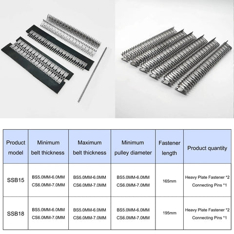 Six Point Eight Inch Lacing Splice Belt Fastener Set with stainless steel rivet fasteners, pins, and product specifications table.