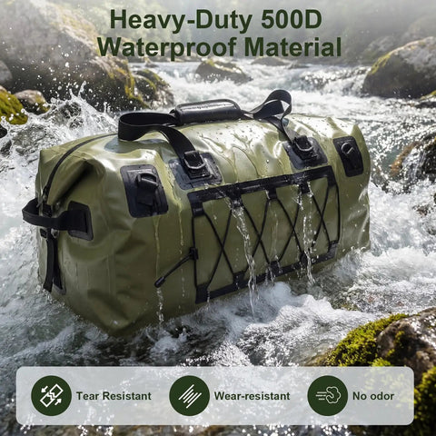 Heavy Duty 70L Roll Top Waterproof Duffel Bag For Kayaking, Rafting, Camping, And Motorcycle Rides With Beefed Up Straps