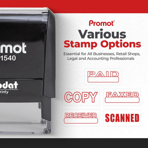 Game Changer Self Inking Rubber Stamp With Fast Drying Red Ink For Business Checkout And Mailroom Tasks Refillable Cartridge visible with labels.