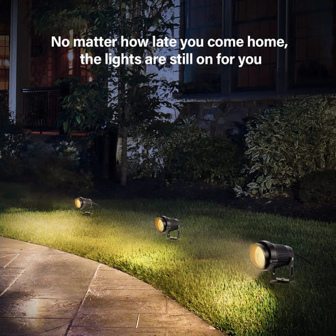 5W 110V Outdoor Landscape Spotlight Kit IP65 Waterproof Warm White 3000K illuminating garden path at night, 4 pack