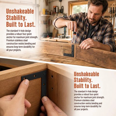 Man assembling wood frame with Flat Corner Braces For Wood Frames, 20 Piece Kit With L Brackets And Mending Plates