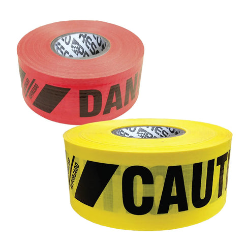 Red "DANGER" and yellow "CAUTION" rolls of Reinforced Printed Barricade Tape 3 Inch By 500 Feet Non Adhesive Safety Warning Tape Built Tough