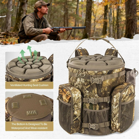 Hunting Bucket Backpack With Built-In Cushioned Seat For 5-Gallon Buckets Not Including Bucket Or Lid, camo pattern in forest setting