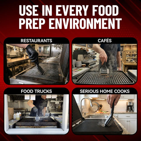 Heavy Duty 3 In 1 Panini Grill Brush Cleaner With Stainless Steel Scraper Tool shown in diverse food prep settings.