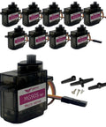 Ten Pack Metal Gear 9G Micro Servo Motors for RC Cars, Robots, Helicopters and Arduino Projects shown with arms and screws