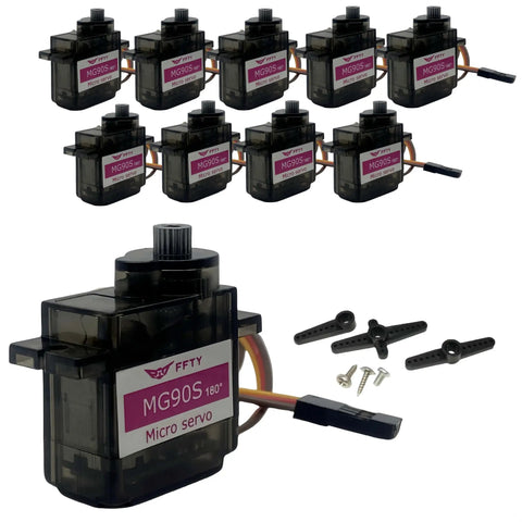 Ten Pack Metal Gear 9G Micro Servo Motors for RC Cars, Robots, Helicopters and Arduino Projects shown with arms and screws