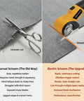 Comparison of manual scissors and Cordless Electric Scissors With Led Light And Safety Lock Cuts Cardboard Fabric Carpet Plastic And Leather Without One Bit Of Drama Dual Steel Blades Built For Real World Hustle.