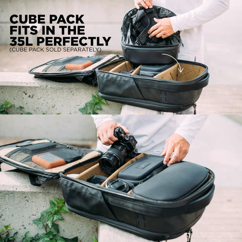 Peter McKinnon Collab Camera Pack Expandable 35L To 42L Travel DSLR Backpack with customizable dividers being organized.