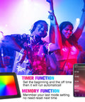 Beast Outdoor RGB LED Flood Light With Music And Mic Sync App Control in use at a party with smartphone app interface, vibrant colors.