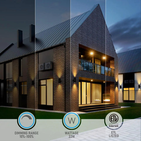 Exterior porch with 12 Inch LED Up Down Cylinder Outdoor Wall Light 3000K Warm White, dimmable, illuminating a modern home