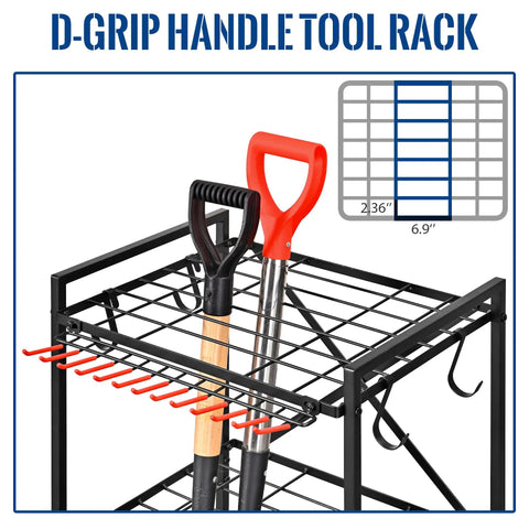 Mobile Garden Tool Organizer With Wheels For Garage And Shed showing D-grip handle tool rack with hooks and rack spacing diagram.