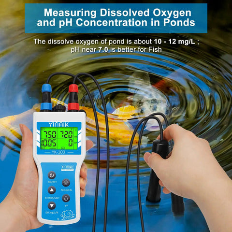 Hand holding Portable Dissolved Oxygen Meter 6 In 1 Tester with pH EC TDS Salt Salinity and Altitude Compensation