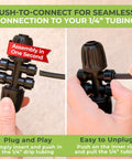 Drip Irrigation Fittings Pack With 3x 4 Way Barbed Tees 1/2 To 1/4 Inch And 3x 3 Way Tee Splitters 1/4 Inch Plus 5 End Plugs Push To Connect All In One Easy Install For Garden Lawn And DIY Irrigation being assembled by hand.