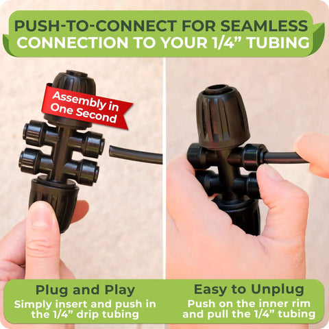 Drip Irrigation Fittings Pack With 3x 4 Way Barbed Tees 1/2 To 1/4 Inch And 3x 3 Way Tee Splitters 1/4 Inch Plus 5 End Plugs Push To Connect All In One Easy Install For Garden Lawn And DIY Irrigation being assembled by hand.