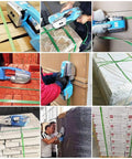 Heavy Duty Cordless Hot Melt Strapping Machine Featuring Smooth Electric Welding Dual Motor Drive Adjustable Tension rechargeable power bander in use on cardboard crate.