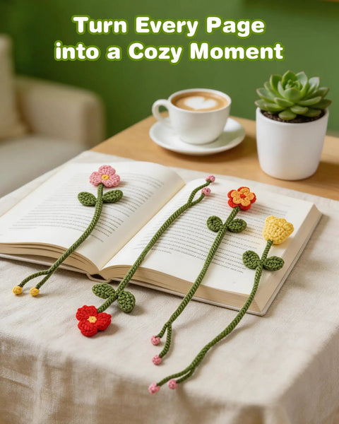 Beginner Crochet Kit With 8 Flower Bookmarks Soft Yarn Bundles And Ergonomic Crochet Hook Step By Step Video Tutorials All In One DIY Art Craft Set For Adults Perfect Gift For Women And Teens Who Love Handmade; open book with crochet flower bookmarks on table, coffee cup, and plant.