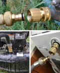 Solid Brass Garden Hose Quick Connectors Three Quarter Inch Standard Ght Thread No Leak Fittings Durable Heavy Duty Design With Male And Female Adapters Ideal For Hose Repair And Quick Changes 3 Pack shown connected to various devices