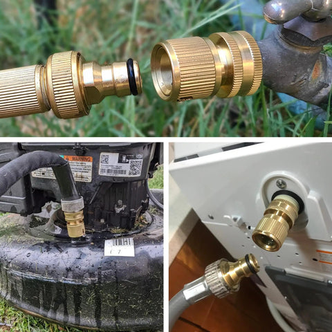 Solid Brass Garden Hose Quick Connectors Three Quarter Inch Standard Ght Thread No Leak Fittings Durable Heavy Duty Design With Male And Female Adapters Ideal For Hose Repair And Quick Changes 3 Pack shown connected to various devices