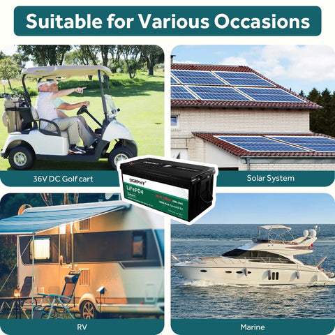 36V LiFePO4 Battery Pack For Golf Carts Solar Panels And Trolling Motors 3.84kWh Capacity With 200A BMS shown in various uses