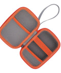 Open view of Hard EVA Case For Kids Music Player With Velvet Lining Travel Storage Bag, showing mesh pockets and orange strap.