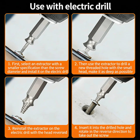 Damaged Screw Extractor Set Six Piece HSS Drill Bit Tools for Easy Removal of Stripped Rusty Screws with electric drill usage guide
