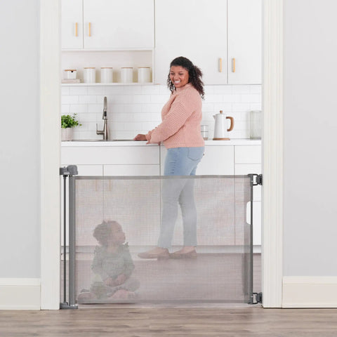 50 Inch Wide Retractable Baby Gate For Doorways And Hallways, Mesh Safety Barrier For Babies Toddlers And Pets, in kitchen doorway