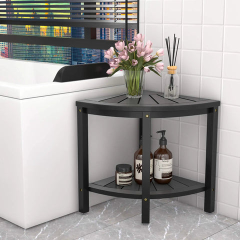 Bamboo Corner Shower Stool Bench Waterproof With Storage Shelf For Bathroom And Inside Shower Perfect Seat For Shaving Legs Easy To Clean Non Slip Black in bathroom setting