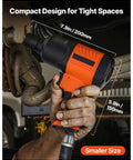 Professional Grade Badass 1/2 Inch Drive Air Impact Wrench With 1100 Ft Lbs Knockout Torque And 7500 RPM Savage Speeds Compact design shown in hand for tight spaces.