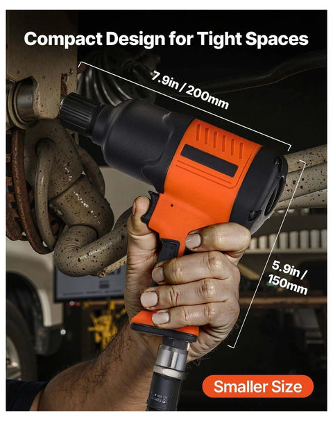 Professional Grade Badass 1/2 Inch Drive Air Impact Wrench With 1100 Ft Lbs Knockout Torque And 7500 RPM Savage Speeds Compact design shown in hand for tight spaces.