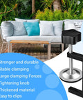 Image of 4 Pack Adjustable Sectional Couch Connectors For Outdoor Rattan Furniture, 2.36 Inch Clamp Clips beside a patio sofa.