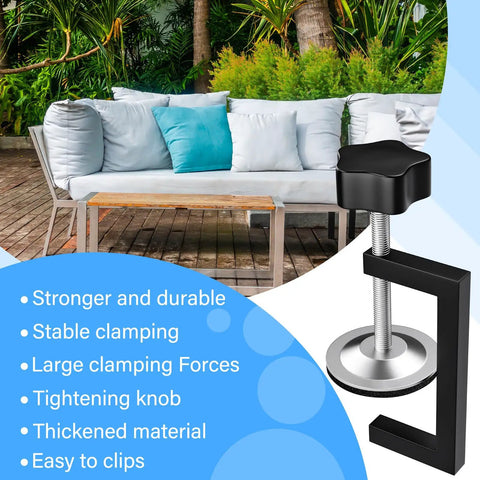 Image of 4 Pack Adjustable Sectional Couch Connectors For Outdoor Rattan Furniture, 2.36 Inch Clamp Clips beside a patio sofa.