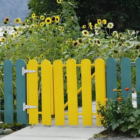 316 Stainless Steel T Strap Barn Door Hinges Heavy Duty 6 Inch Outdoor Gate Set Of 4 on yellow garden gate with sunflowers.