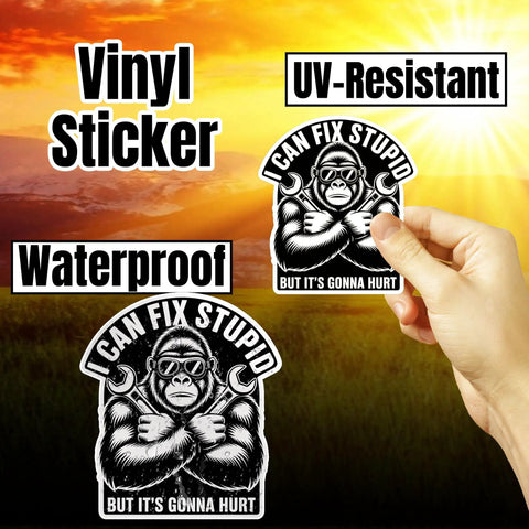 Funny Mechanic Gorilla Wrench Meme Decal Sticker Set I Can Fix Stupid But Its Gonna Hurt waterproof and UV-resistant