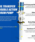 No Fuss Air Operated Oil Transfer Pump Pneumatic Double Action Fluid Transferrer High Flow 3.2 Gpm with silencer and bunghole adapter.
