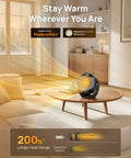 Powerful 1500W Space Heater on table in living room, demonstrating 200% longer heat range, with visible air guide waves