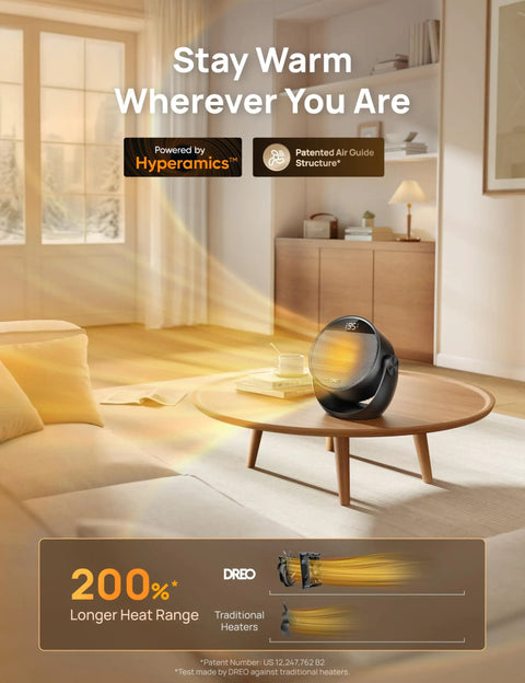 Powerful 1500W Space Heater on table in living room, demonstrating 200% longer heat range, with visible air guide waves