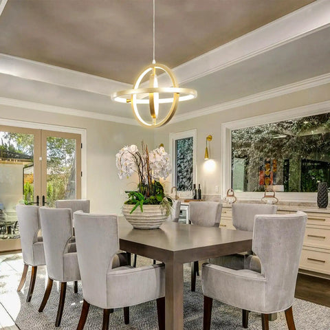 Gold Modern LED Chandelier With Remote Control Dimmable 3000K To 6000K Height Adjustable 39.3 Inch Hanging Light in dining room