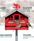 Country House Squirrel Proof Bird Feeder With Weathervane 8 Lb Seed Capacity All Metal Durable Construction Easy Fill Outdoor Feeder Rustic Red Backyard Decor For Birds