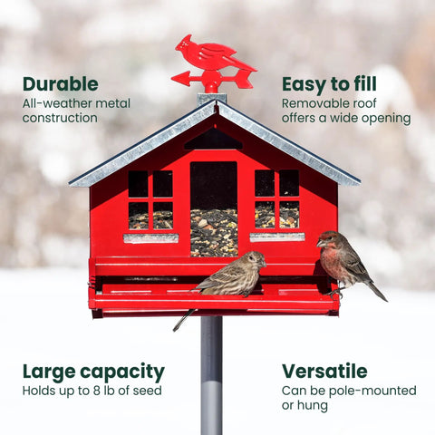 Country House Squirrel Proof Bird Feeder With Weathervane 8 Lb Seed Capacity All Metal Durable Construction Easy Fill Outdoor Feeder Rustic Red Backyard Decor For Birds