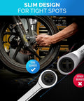 Ratcheting Wrench Set With Slim Profile 26 Piece Metric And Standard Wrenches for auto repair shown in use on motorcycle wheel