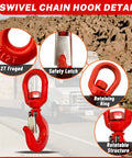 Heavy Duty 2 Ton Swivel Hooks With D Ring Shackle And 0.5 Inch Shackle, G80 Rated Lifting Hooks, 4,400 Lbs Safe Load Limit, Alloy Steel Round Rotating Trailer Chain Hooks, red swivel hook detail