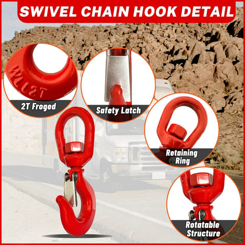 Heavy Duty 2 Ton Swivel Hooks With D Ring Shackle And 0.5 Inch Shackle, G80 Rated Lifting Hooks, 4,400 Lbs Safe Load Limit, Alloy Steel Round Rotating Trailer Chain Hooks, red swivel hook detail