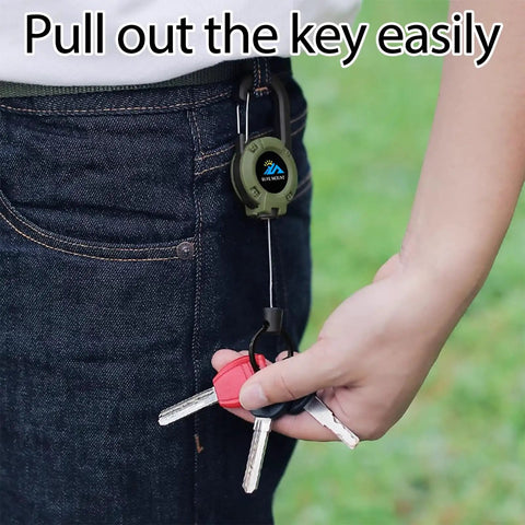 Person using Beefy Heavy Duty Retractable Keychain With Multitool Carabiner Badge Holder And Id Clip Upgraded 58 Cm Stainless Steel Cord for keys
