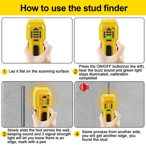 Wall Scanner And Stud Finder For Wood And Metal Detects Edges Up To Three Quarter Inch Thick Walls With Battery Included Easy To Calibrate Pro Grade Accuracy For Hanging Frames TV Mounts And Full Room Renovations, instructions on use.