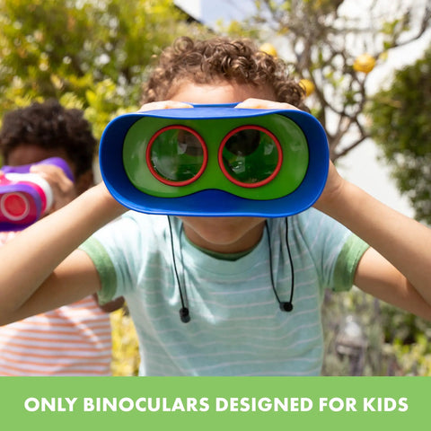 Child using Focus Free Binoculars For Kids Aged 4 To 8, Lightweight And Durable Outdoor Toy Gear With Neck Strap outdoors.