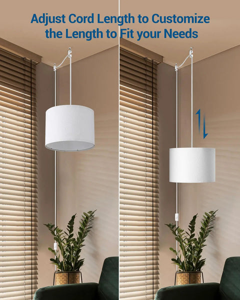 Plug In Pendant Light With 15 Ft Cord, On Off Switch, White Fabric Linen Shade, adjustable height for living room