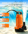 Plug And Play 1Hp Cordless Submersible Utility Pump Flows Like A Dream At 2113 Gph in water with specs visible,