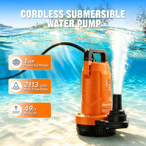 Plug And Play 1Hp Cordless Submersible Utility Pump Flows Like A Dream At 2113 Gph in water with specs visible,