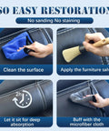 Steps demonstrating Top Shelf Furniture Restore Paste And Leather Conditioner Plus Wood Polish Cleaner, applying and buffing.